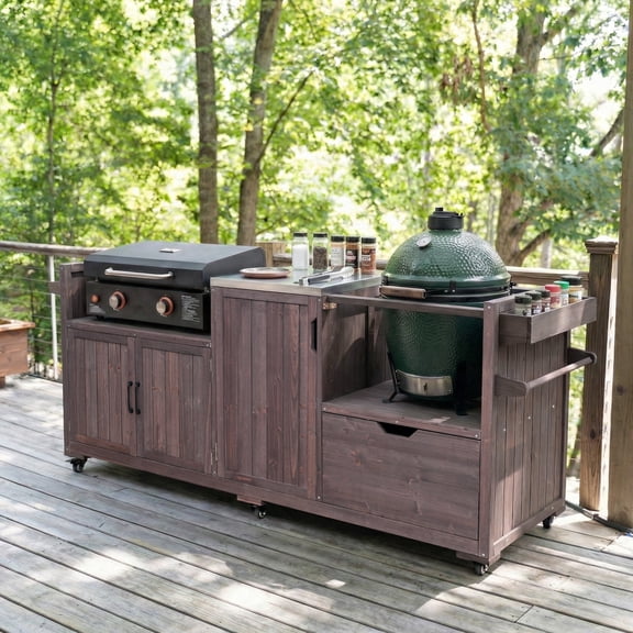 Outdoor Grill Cart with Stainless Steel Top for Kamado & Griddle, Solid Wood BBQ Stand Table with Drawer, Storage for Large Ceramic Cooker and 21"/28" Flat Top Grill, Dark Brown