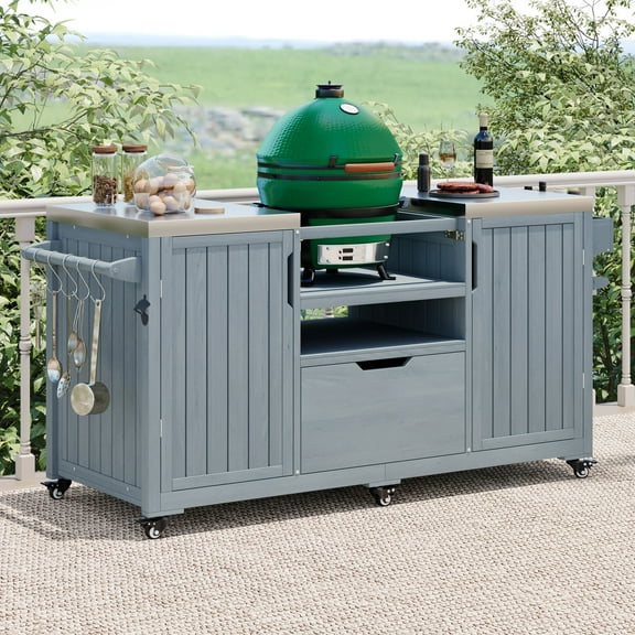 Outdoor Kitchen Island for Big Green Egg Grills, Solid Wood Outdoor Grill Cart with Tabletop Grill and Stainless Steel Top, Drawer, Compatible with Large Big Green Egg, Kamado Joe Gray Blue