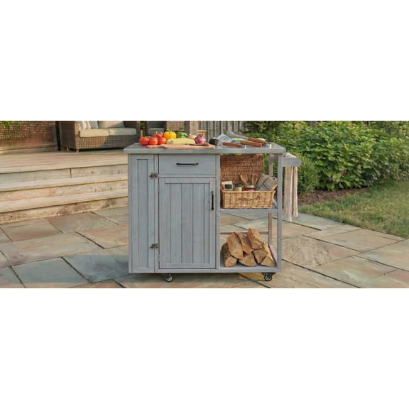 Outdoor Kitchen Island Fir Wood Prep Station Lockable Kitchen Cart with Stainless Top, Ample Storage Space, Towel and Spice Racks for Patio and Outdoor, Grey