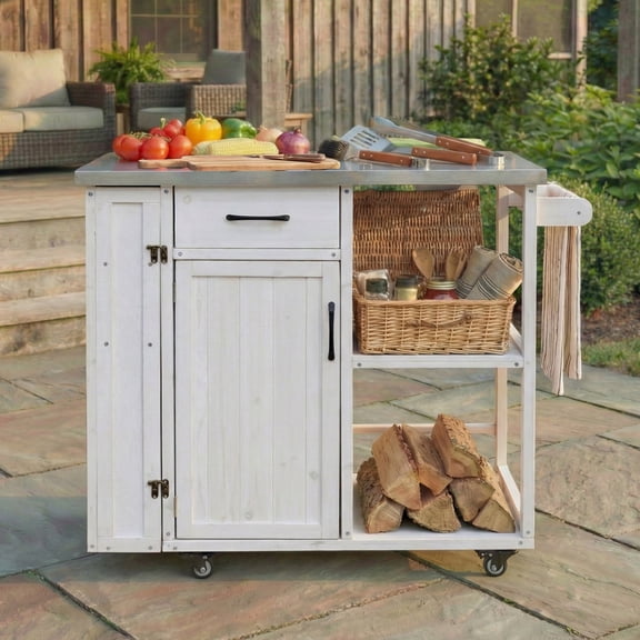 Outdoor Kitchen Island Fir Wood Prep Station Lockable Kitchen Cart with Stainless Top, Ample Storage Space, Towel and Spice Racks for Patio and Outdoor, White
