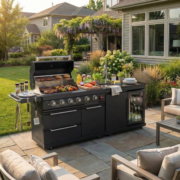 Outdoor Kitchen  Grill Island, 304 Stainless Steel, 6-Burner 75300 BTU, Dual Fuel Natural Gas & Propane, Outdoot Patio BBQ Island Grill