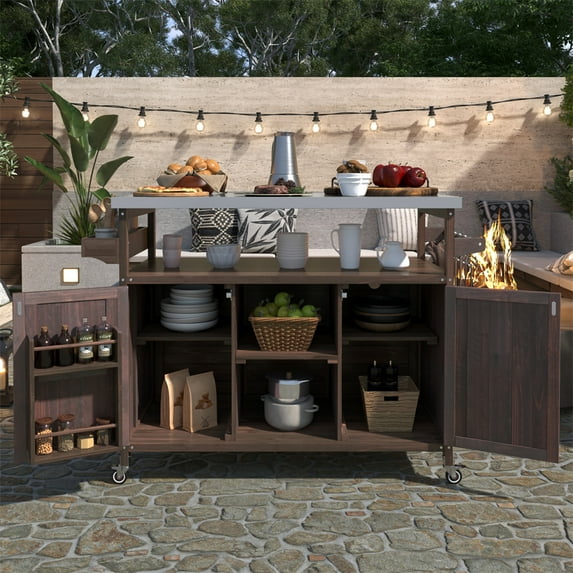 Outdoor Kitchen Island, Grilling Bar Cart With Storage, Spice Rack, Internal Storage Rack, Stainless Steel Tabletop, 4 Wheels Rolling Kitchen Island For Backyard