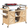 thumbnail image 1 of Outdoor Kitchen Island, Rolling Bar Cart & Storage Cabinet, Farmhouse Solid Wood Outdoor Grill Table with Stainless Steel Top, Spice Rack , Towel Rack for Kitchen & BBQ , Natural, 1 of 7