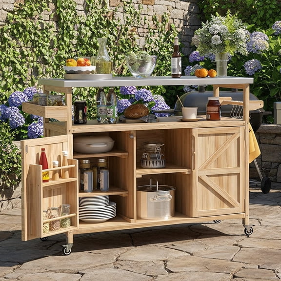 ELTFROH Outdoor Kitchen Island Rolling Bar Cart with Storage Cabinet Farmhouse Solid Wood Outdoor Grill Table with Stainless Steel Top
