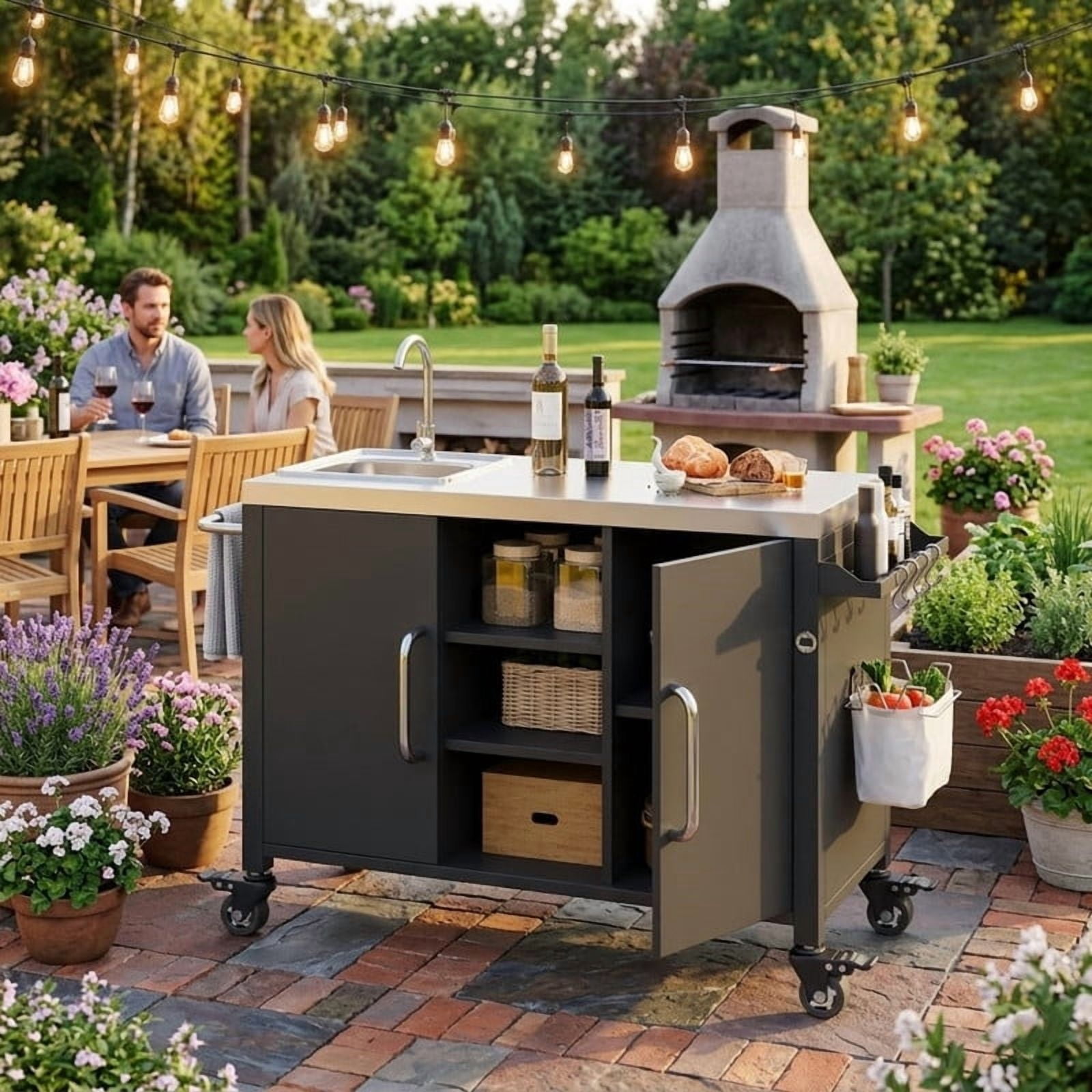 Outdoor Kitchen Island with Sink and Stainless Steel Top, Metal Grill Cart Table with Adjustable Shelf and 4 Lockable Wheels for Pizza Prep & BBQ, L 55.5" x W 20" H 36.7"