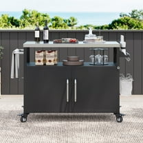 Outdoor Kitchen Island with Stainless Steel Tabletop, Metal Grill Cart Table with Storage Cabinet, Spice Rack and Towel Rack, Outdoor Bar Cart with 4 Lockable Wheels for Outside BBQ (Black)