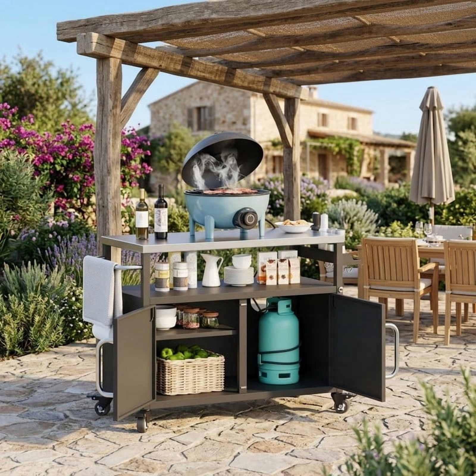 Outdoor Kitchen Island with Stainless Steel Tabletop, Outdoor Metal Grill Cart with 4 Lockable Wheels, Metal Grill Table with Spice Rack and Towel Rack for Outside BBQ