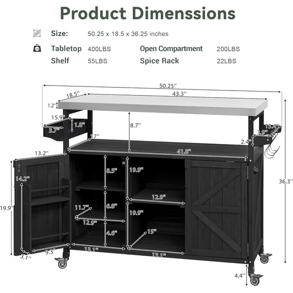 Outdoor Kitchen Island with Stainless Steel Top, Lockable Rubber Wheels, Spice Rack, Towel Rack, Rolling Bar Cart, Storage Cabinet, Farmhouse  Wood Outdoor Grill Table for Kitchen
