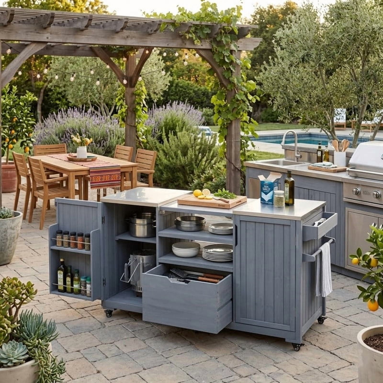 Outdoor Kitchen Island for Big Green Egg Grills, Wood Outdoor Grill Cart with Stainless Steel Top, Drawers and Storage Cabinet, 66.5''W