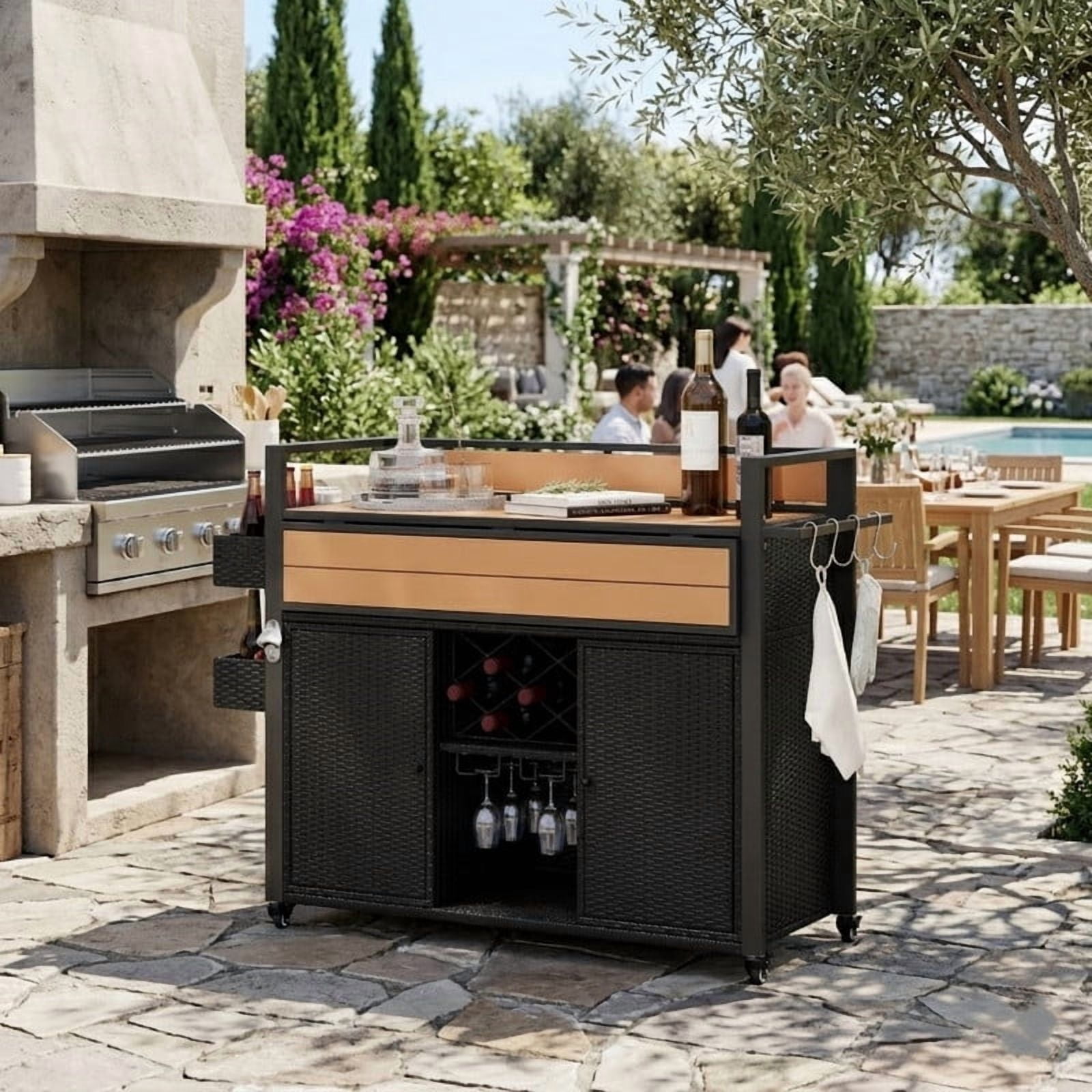 Outdoor Kitchen Island with Extended Plastic Wood Table Top, Wicker Outdoor Grill Cart with Storage Cabinet and Wine Rack for Patio Backyard