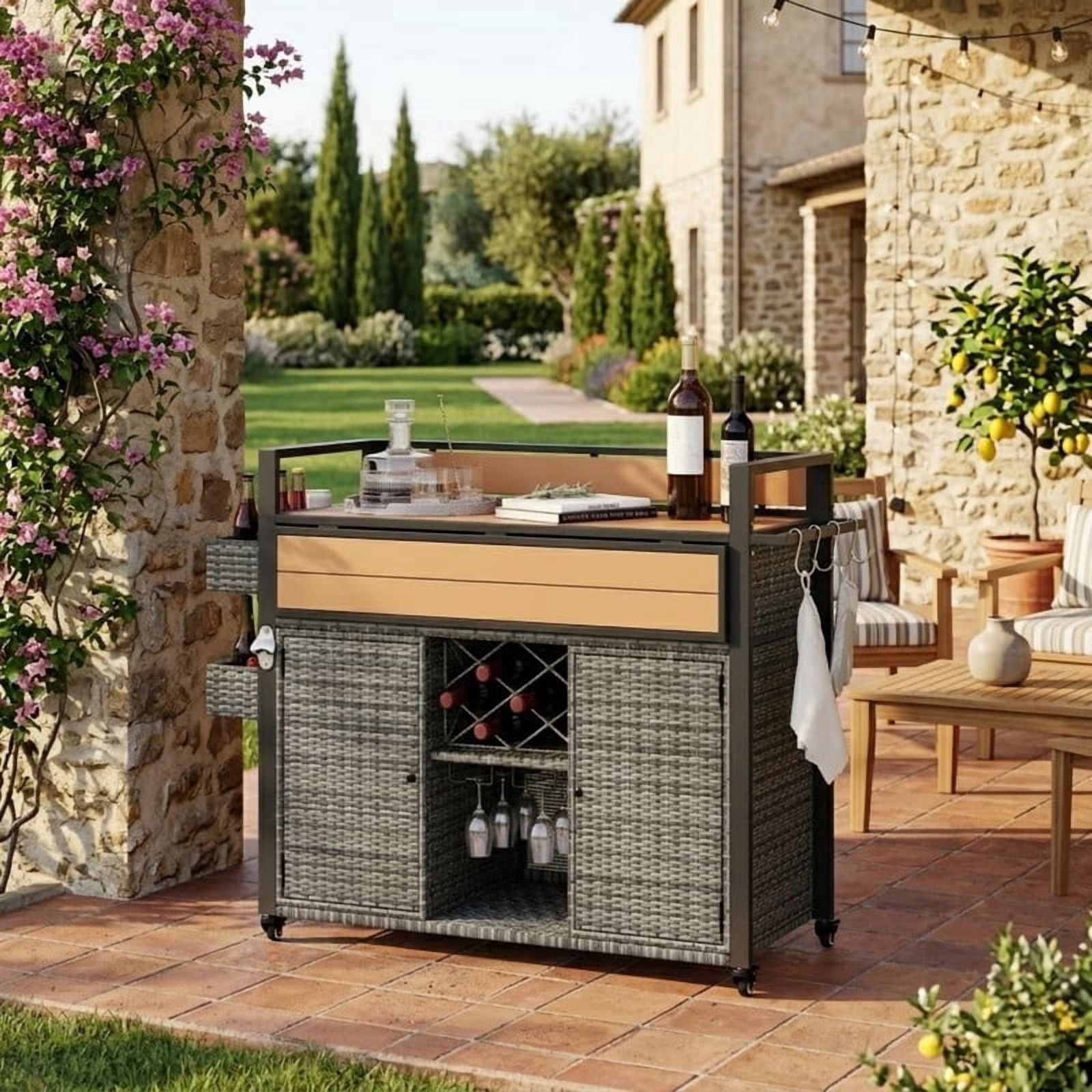 Outdoor Kitchen Island with Extended Plastic Wood Table Top, Wicker Outdoor Grill Cart with Storage Cabinet and Wine Rack for Patio Backyard
