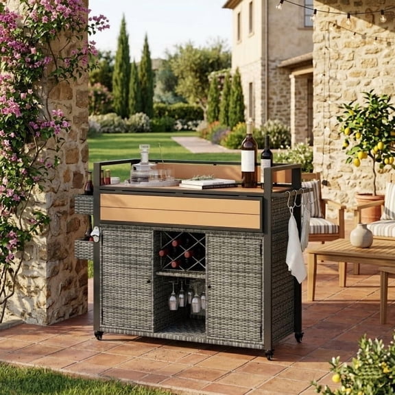 Outdoor Kitchen Island with Extended Plastic Wood Table Top, Wicker Outdoor Grill Cart with Storage Cabinet and Wine Rack for Patio Backyard