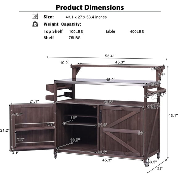 Outdoor Kitchen Island with Raised Shelf, Solid Wood Storage Cabinet & Stainless Steel Top BBQ Grill Cart