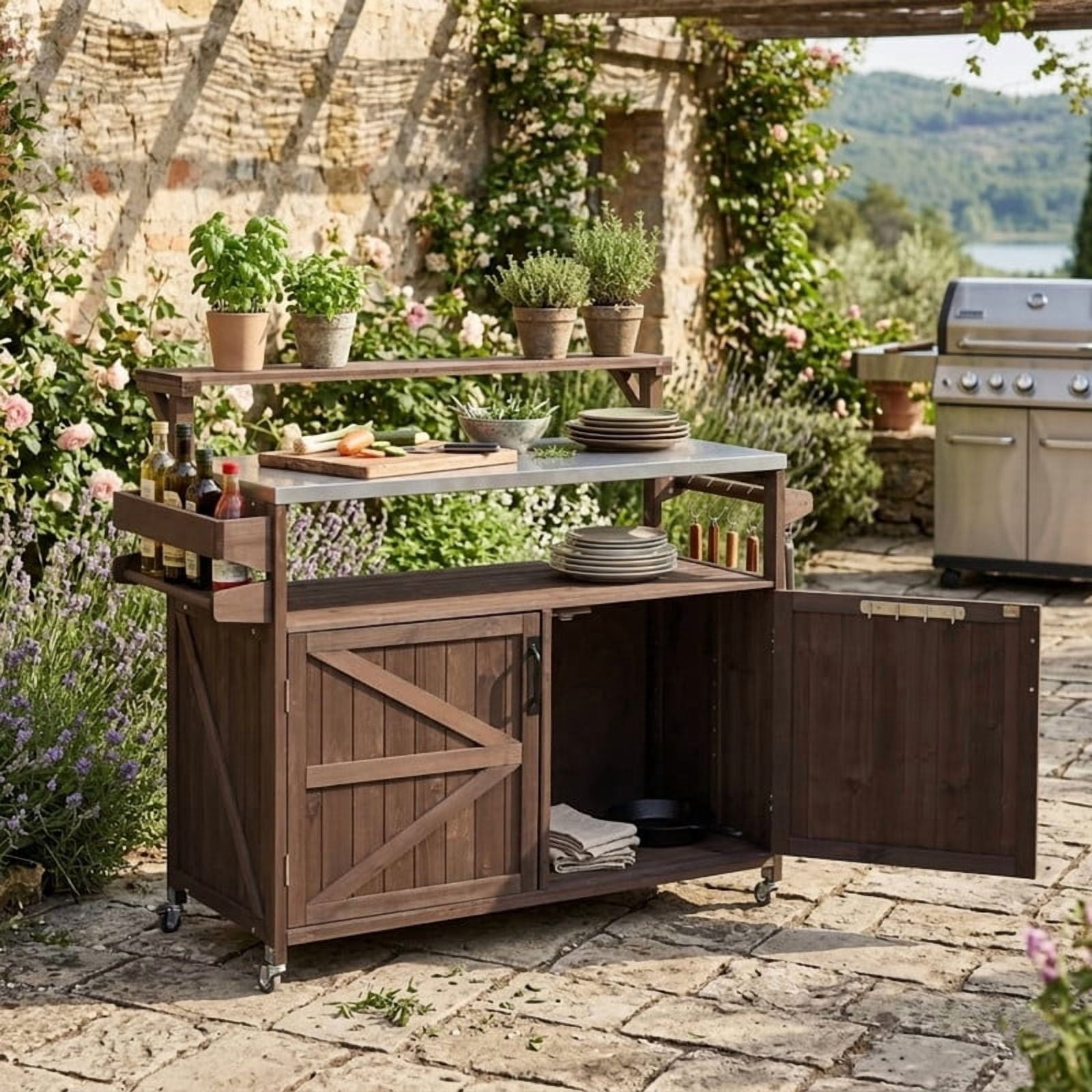 Outdoor Kitchen Island with Raised Shelf & Stainless Steel Top, Outdoor Rolling Grill Cart with Adjustable Shelf & Internal Storage Rack