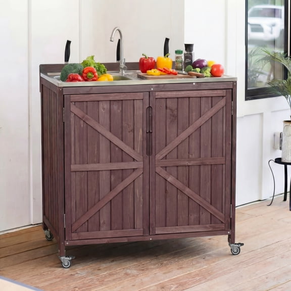 Outdoor Kitchen Island with Sink, 304 Stainless Steel Sink, Hose Hook Up & Faucet, Back Splash & 4 Wheels for Pizza Prep, Dark Brown