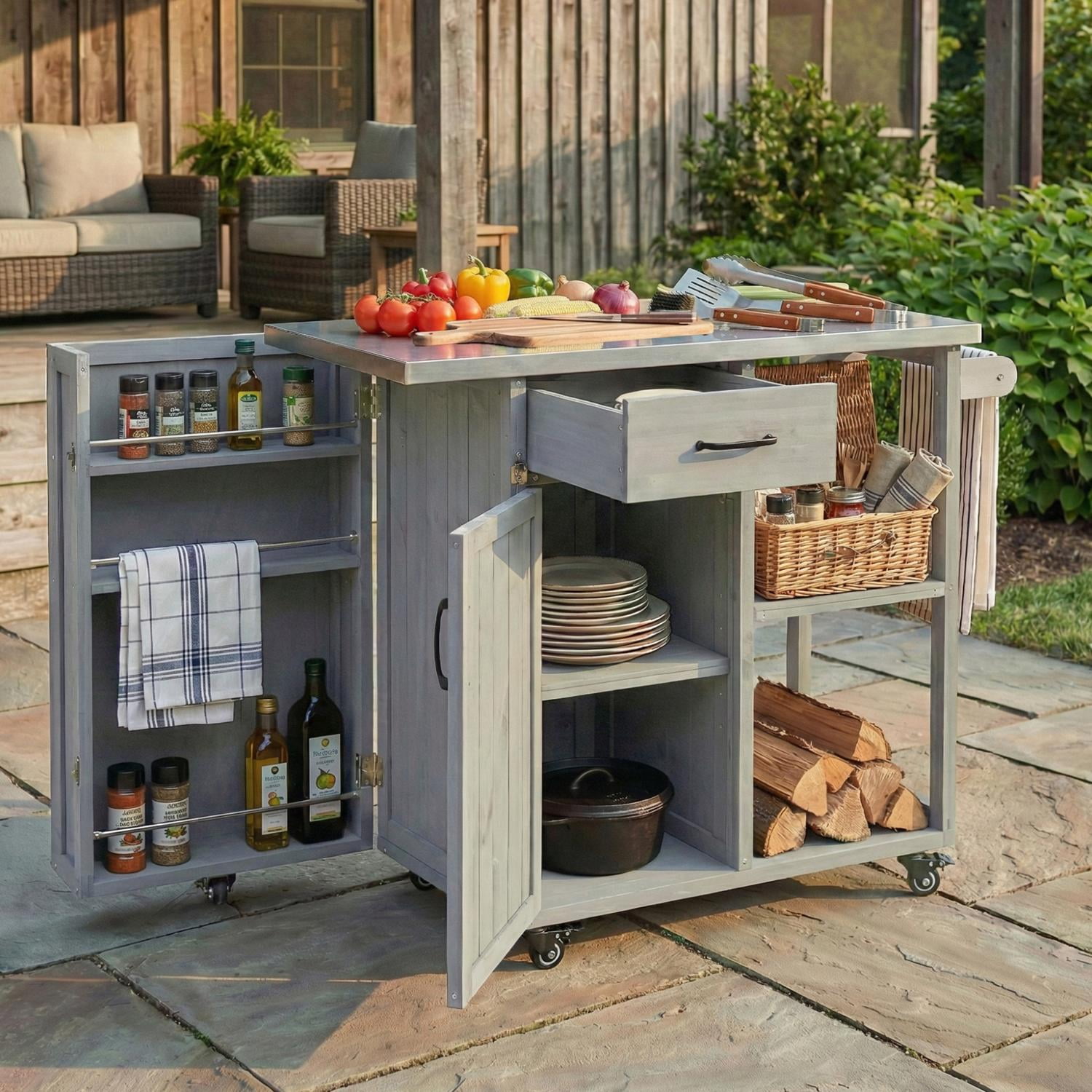 Outdoor Kitchen Island with Stainless Steel Top, Fir Wood Prep Station, Lockable Kitchen Cart with Storage Cabinet for Patio, BBQ, Grey