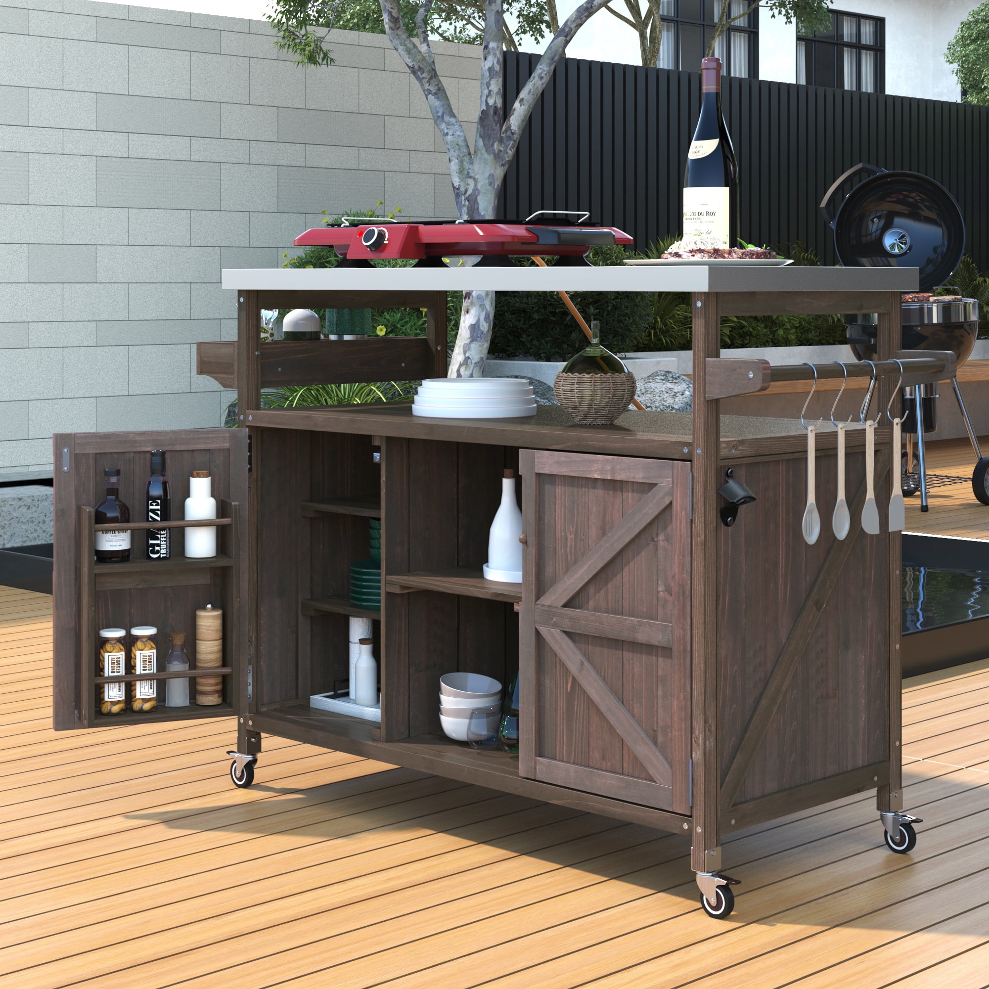 Outdoor Kitchen Island with Stainless Steel Top and Locking Wheels, Rolling Bar Cart and Grill Table with Spice Rack for BBQ and Patio, Dark Brown
