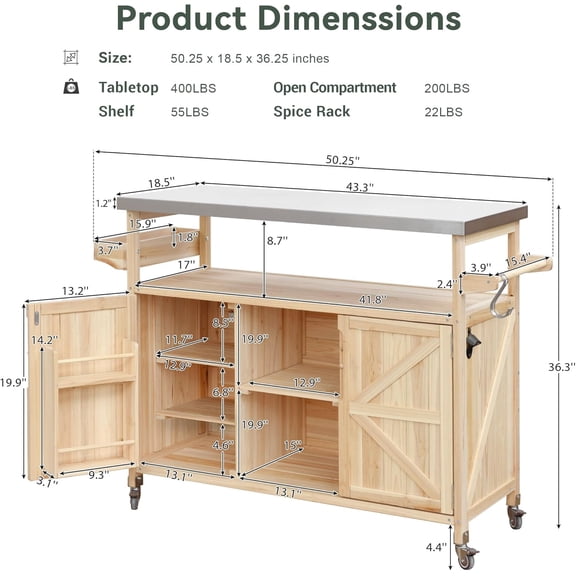 Outdoor Kitchen Rolling Bar Cart with Storage Cabinet, Farmhouse Solid Wood Outdoor Grill Table