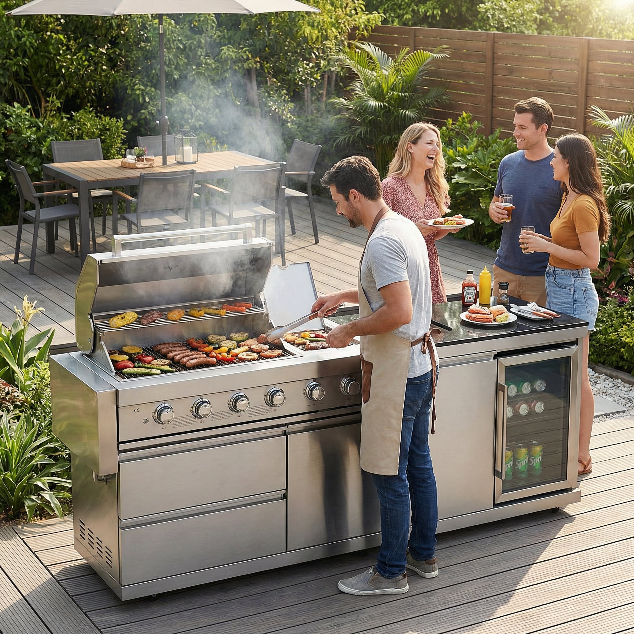 Outdoor Kitchen Sink & Fridge Combo, 70L Stainless Steel Refrigerator with Pull-Down Faucet, Black Granite Countertop, Modular BBQ Island Cleaning Station