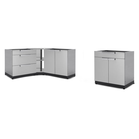 NewAge Products Outdoor Kitchen Stainless Steel 4 Piece Cabinet Set with Corner Shelf, 2-Door, 3-Drawer, Bar Cabinet