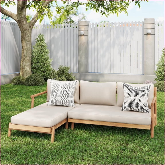 Outdoor L-Shaped Sectional Sofa | Patio Chaise Lounge Set | Water-Resistant Cushions | Acacia Wood | Teak+ Beige