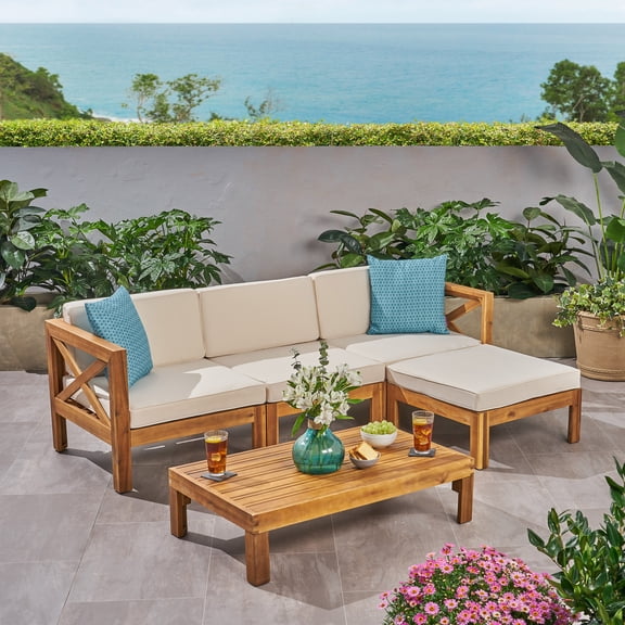 Outdoor L Shaped Sectional Sofa Set, Acacia Wood Frame Combined Couch for Patio Garden, Teak and Beige