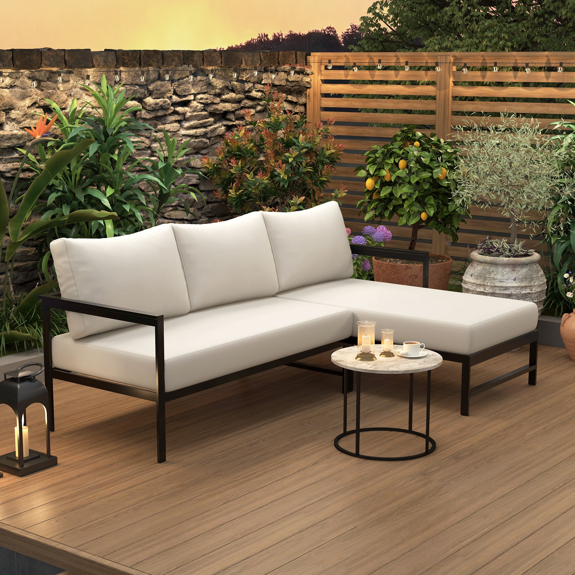 Outdoor L-Shaped Sectional Sofa with Iron Frame, Weather-Resistant Patio Set with 5.9 Inch Thick Cushions, Comfortable Seating for 3, Beige