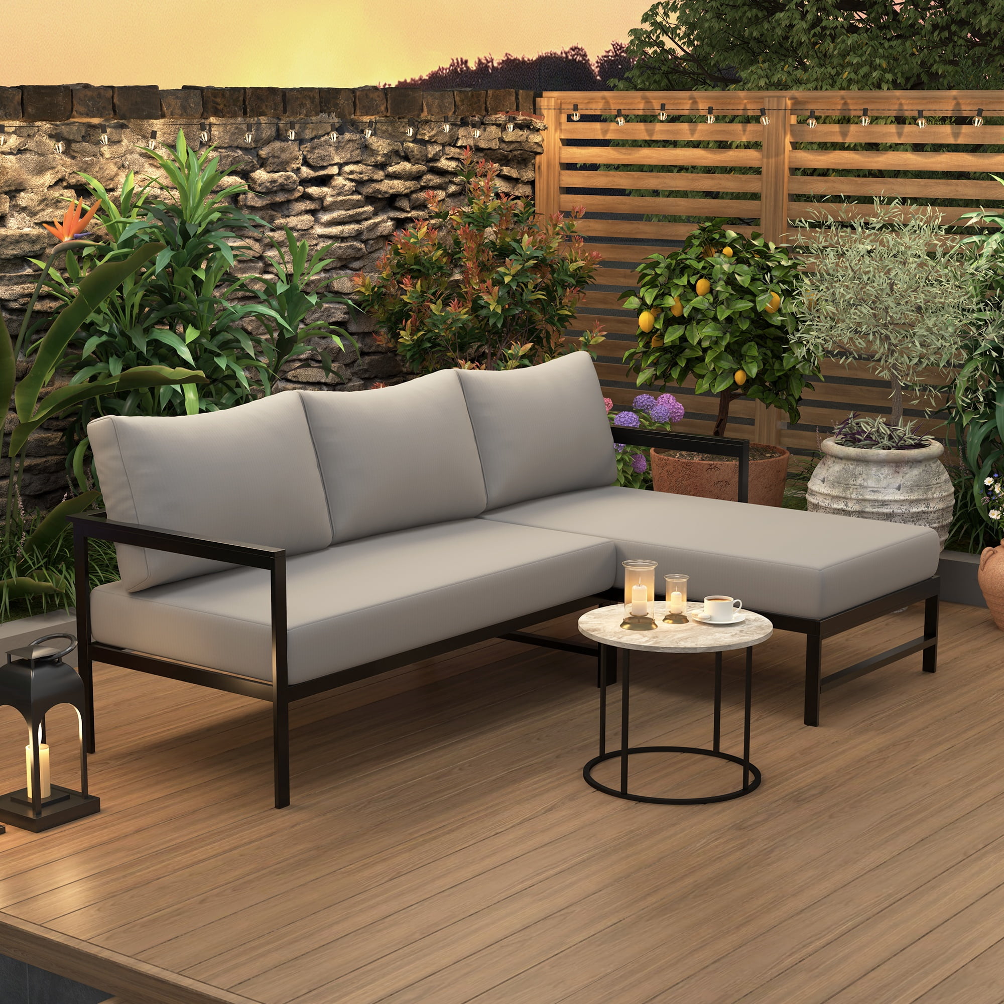 Outdoor L-Shaped Sectional Sofa with Iron Frame, Weather-Resistant Patio Set with 5.9 Inch Thick Cushions, Comfortable Seating for 3, Gray