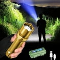 thumbnail image 1 of Outdoor LED Flashlight 100,000 Lumens Super Bright | Rechargeable Telescopic Zoom | IPX8 Waterproof Aluminum Alloy | 3 Modes High Power | Long Range Gold | 800mAh Battery | USB Charging | 4.13in, 1 of 8