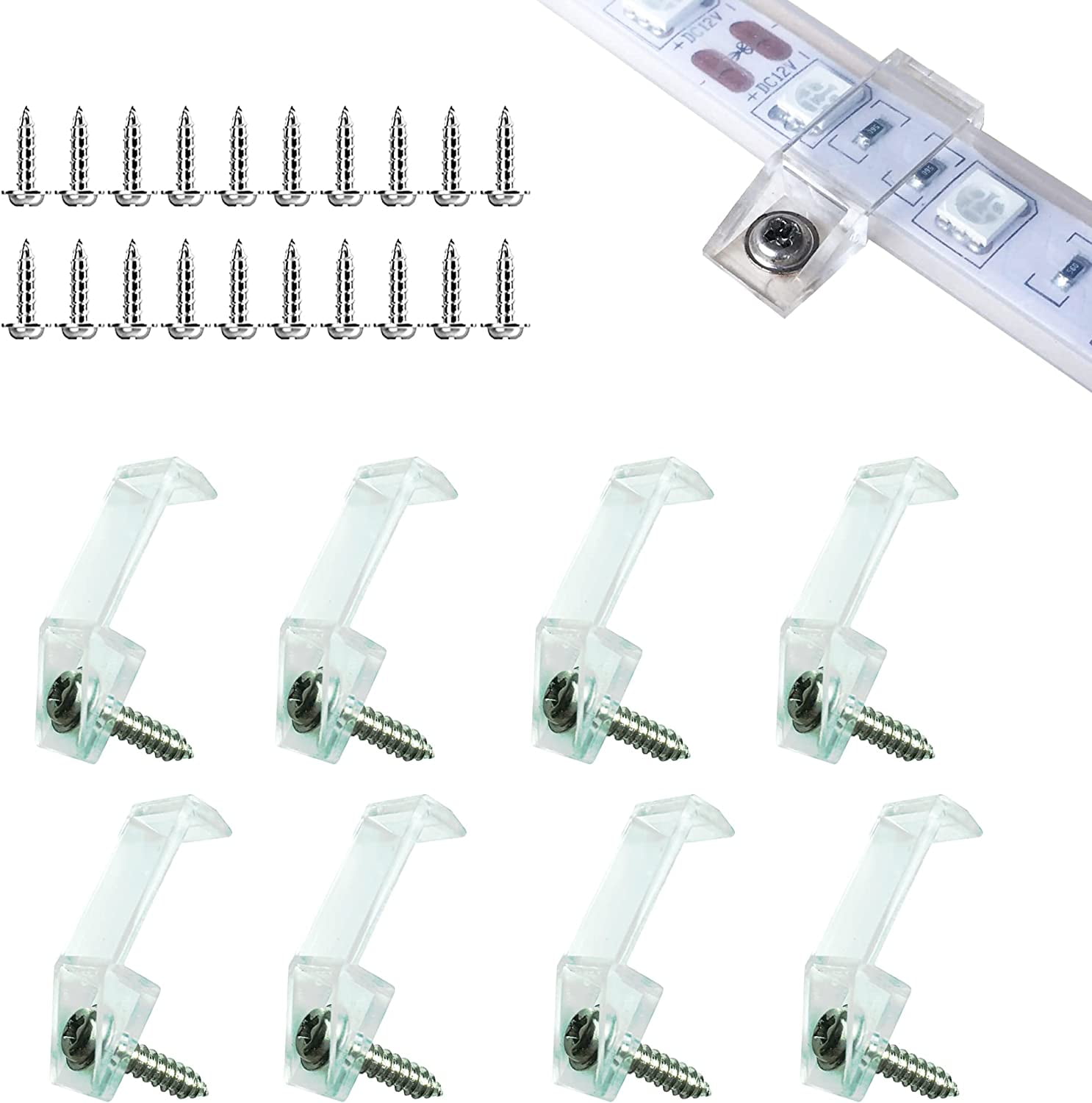 Clear Plastic LED Strip Light Mounting Clips with Screws, 100 Pack