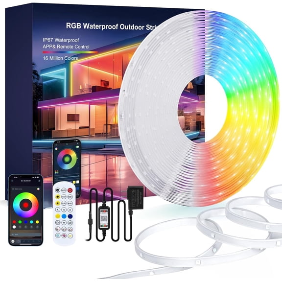 Outdoor LED Strip Lights, 100FT IP67 Led Lights for Bedroom RGB, 24Key 2.4G Remote with App Control, Sync Color Changing Rope Lights for Room Decoration