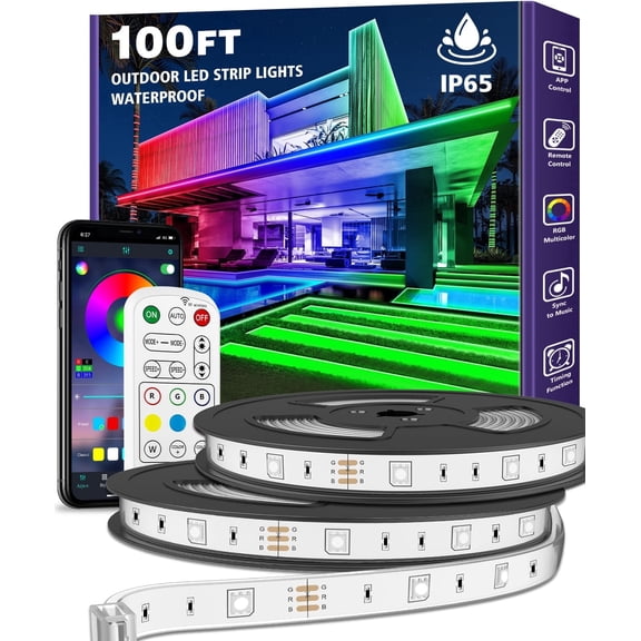 Outdoor LED Strip Lights Waterproof 100FT,IP67 Waterproof LED Light Strips with Remote, Music Sync APP Control, RGB Color Changing LED Lights for Roof, Balcony, Deck, Pool, Patio Decorations