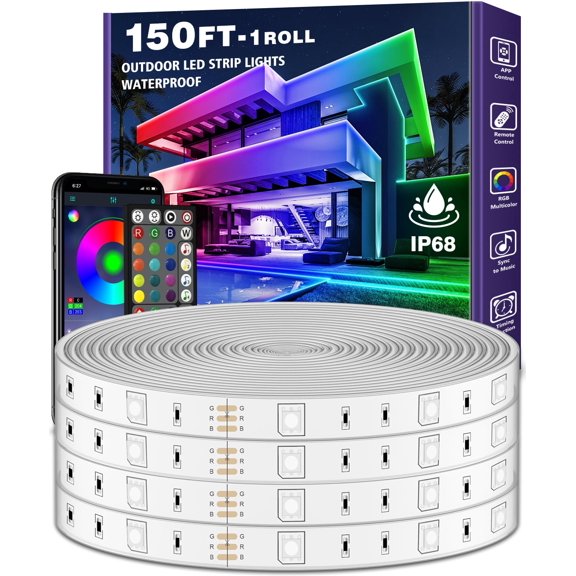 Outdoor LED Strip Lights Waterproof  150FT,IP67 Waterproof LED Light Strips with Remote, Music Sync APP Control, RGB Color Changing LED Lights for Roof, Balcony, Deck, Pool, Patio Decorations