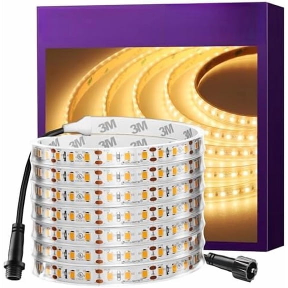 Outdoor LED Strip Lights Waterproof 2700K, 16.4ft IP67 High Density LED Tape Light Warm White, 600 LEDs, 252~300lm/ft, UL-Listed, 12V Dimmable Rope Lights for Balcony, Roof, Backyard, Patio, Garden