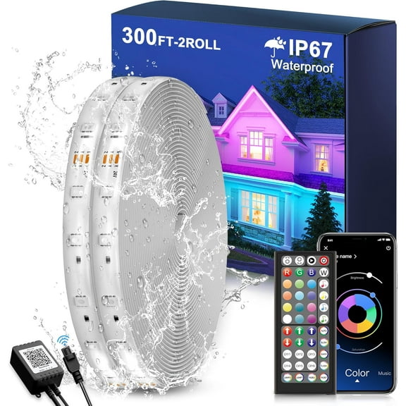 Outdoor LED Strip Lights Waterproof 300FT (2 Rolls of 150ft) with Remote, RGB LED Light Strips Music Sync Color Changing Christmas House Rope Lighting for Outside
