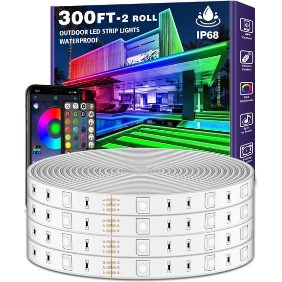 Outdoor LED Strip Lights Waterproof 300FT,IP67 Waterproof LED Light Strips with Remote, Music Sync APP Control, RGB Color Changing LED Lights for Roof, Balcony, Deck, Pool, Patio Decorations
