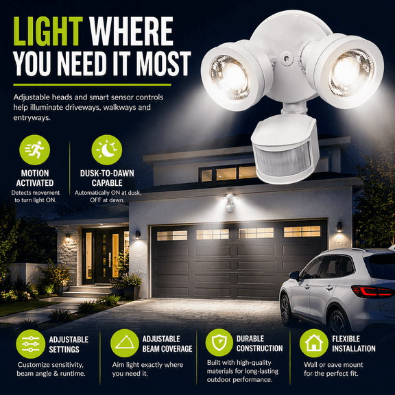Green Watt LED Security Flood Light, Motion Sensor, Adjustable Beam Angle Light Coverages, Adjustable sensitivities, Outdoor Wet Rated, 5000K Daylight, ETL Listed, White