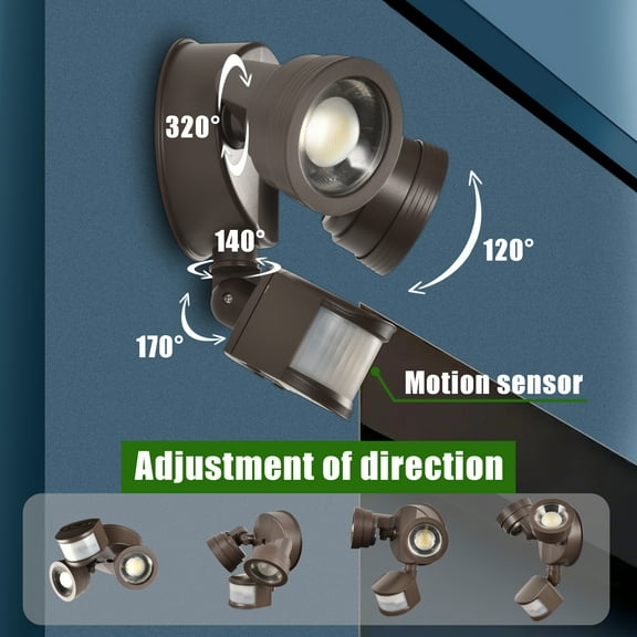 Green Watt LED Security Flood Light with Motion Sensor, Adjustable Beam Angle & Sensitivity, Outdoor Wet Rated, 5000K Daylight, ETL Listed, Brown