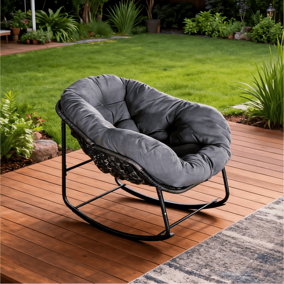 Outdoor Ladena Rocking Chair with Cushions, Large Sized and Metal Frame, Ergonomic Back Design for Garden, Porch, Patio and Various Space.