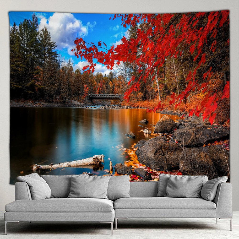 Outdoor Landscape Tapestry Forest Waterfall Autumn Nature Red Leaves