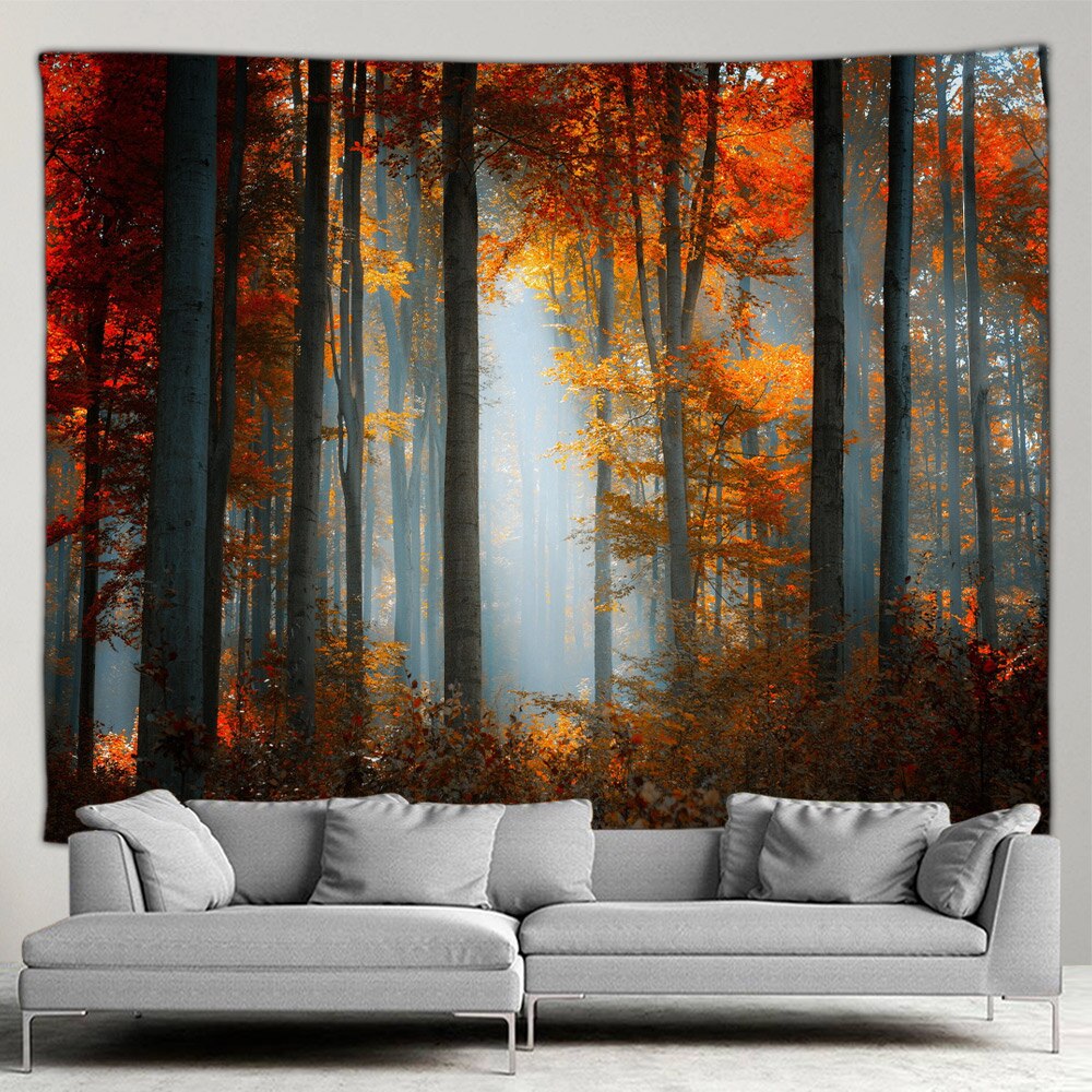 Outdoor Landscape Tapestry Forest Waterfall Autumn Nature Red Leaves