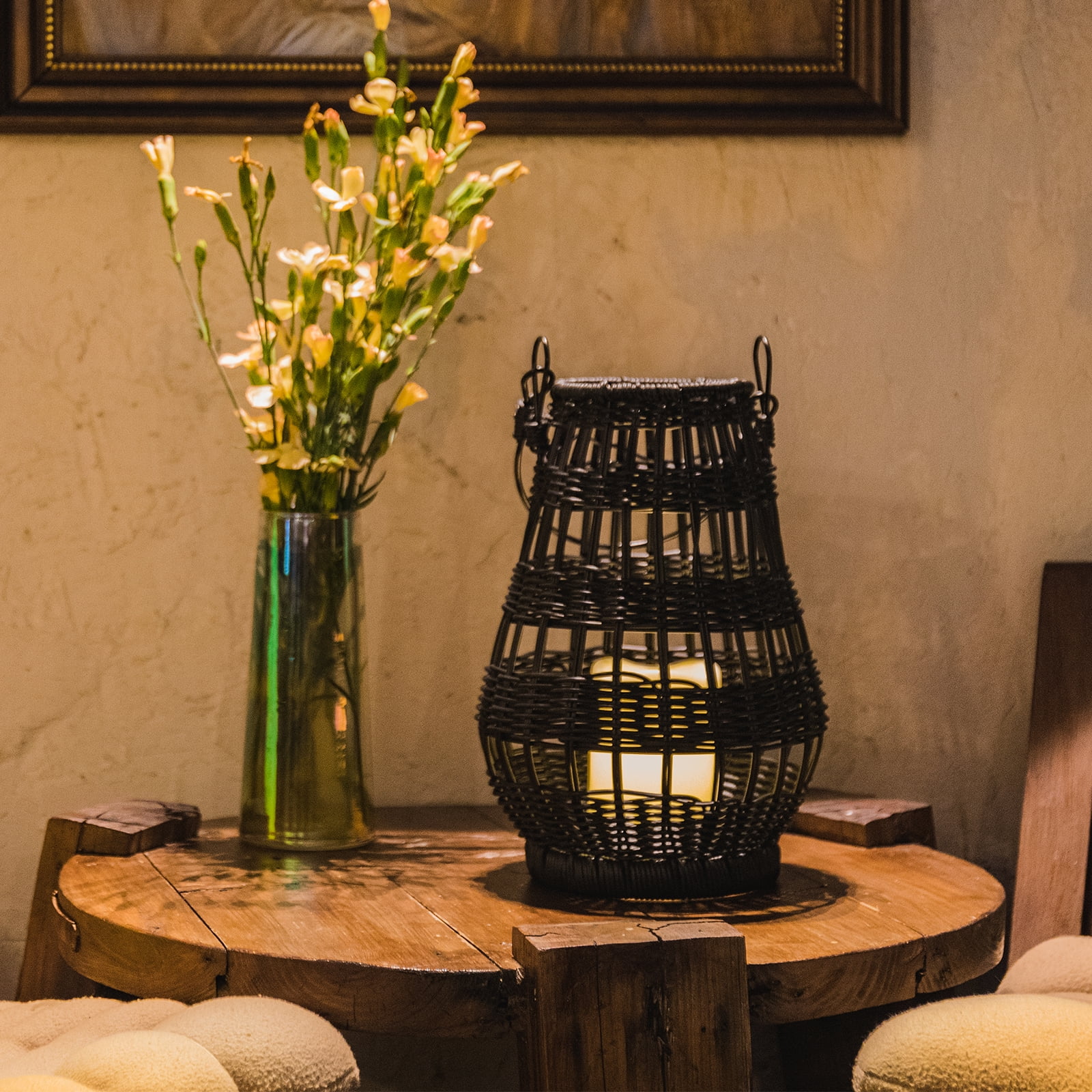 Outdoor Lantern with Removable LED Candle and Black Medal Handle Candle