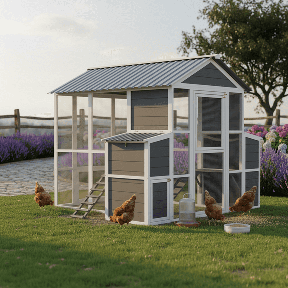Outdoor Large Chicken Coops for 4-8 Chickens,Wooden Walk-in Chicken House,Hen House with 2 Nesting Boxes,Poultry Cage with Ramps and Run for Chicken,Duck,Rabbit,Waterproof Roof