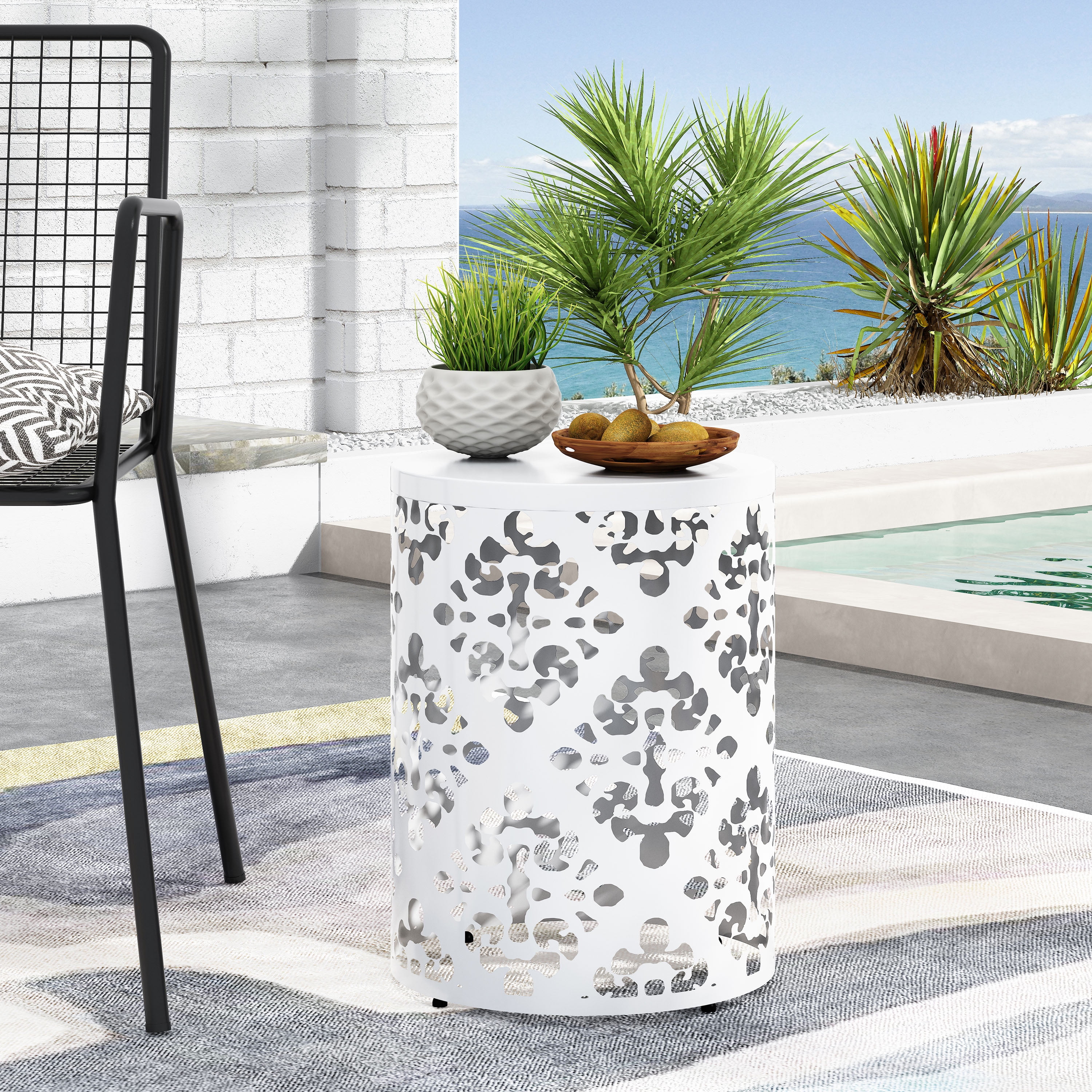 Outdoor Large Cylindrical Side Table, Floral Pattern Hollow Out Iron Tabletop for Patio Garden, White