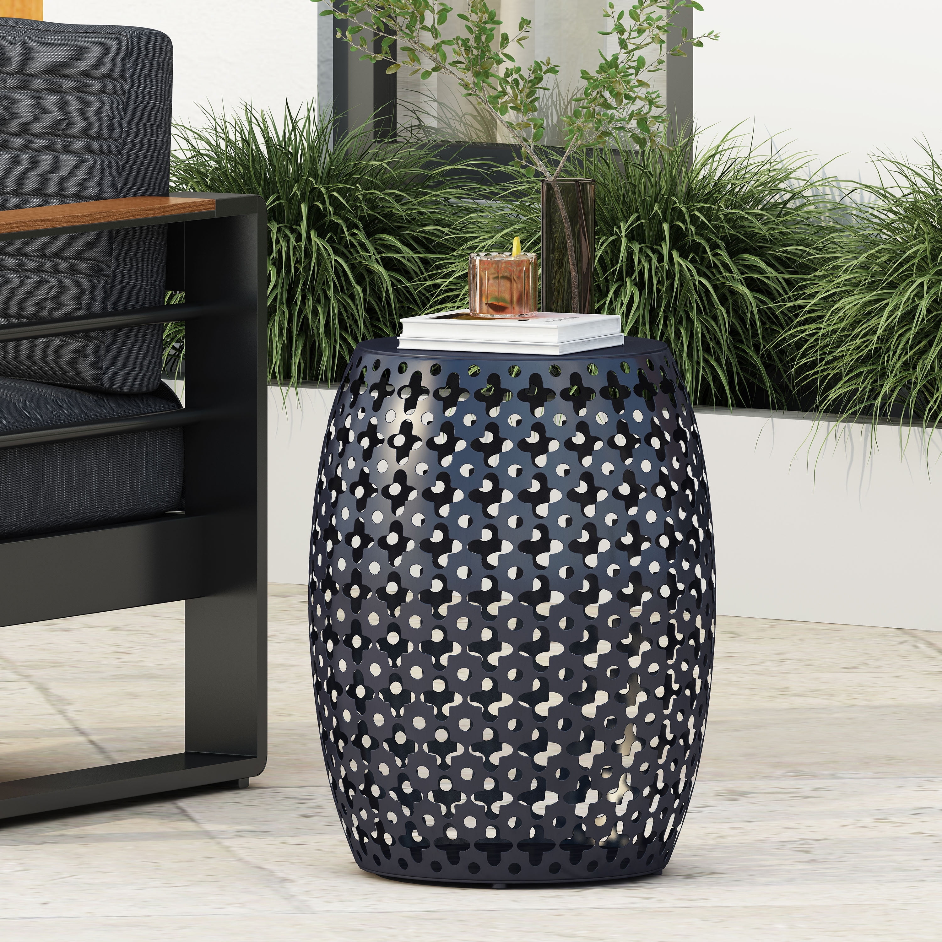 Outdoor Large Cylindrical Side Table, Hollow Out Iron Craft Tabletop for Patio Garden, Navy Blue