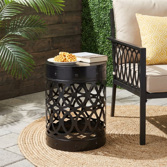 Outdoor Large Cylindrical Side Table, Overlapping Circle Pattern Metal Tabletop for Patio Garden, Black
