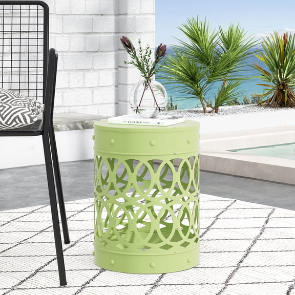Outdoor Large Cylindrical Side Table, Overlapping Circle Pattern Metal Tabletop for Patio Garden, Green
