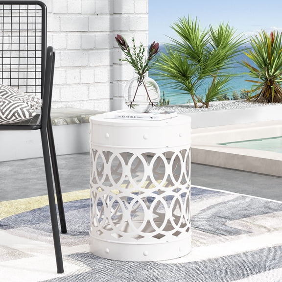 Outdoor Large Cylindrical Side Table, Overlapping Circle Pattern Metal Tabletop for Patio Garden, White