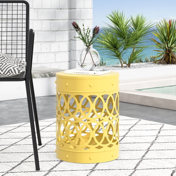 Outdoor Large Cylindrical Side Table, Overlapping Circle Pattern Metal Tabletop for Patio Garden, Yellow