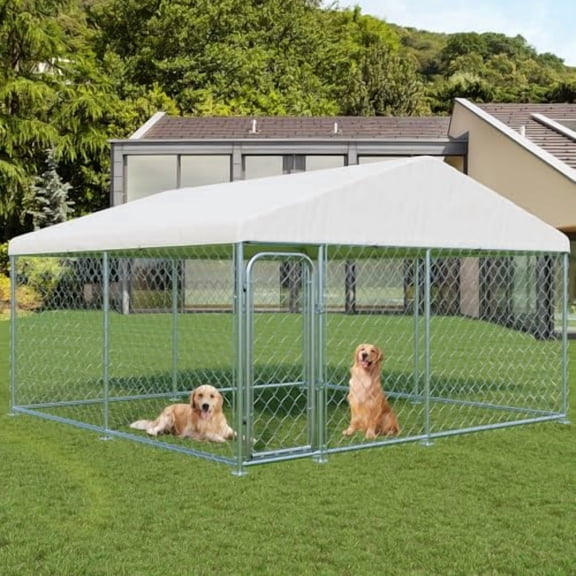 Outdoor Large Dog Kennel 10 x 10 FT, Heavy Duty Dog Enclosure with UV & Rain-Proof Fully Covered Roof, Rustproof Metal Mesh, Double Security Locks